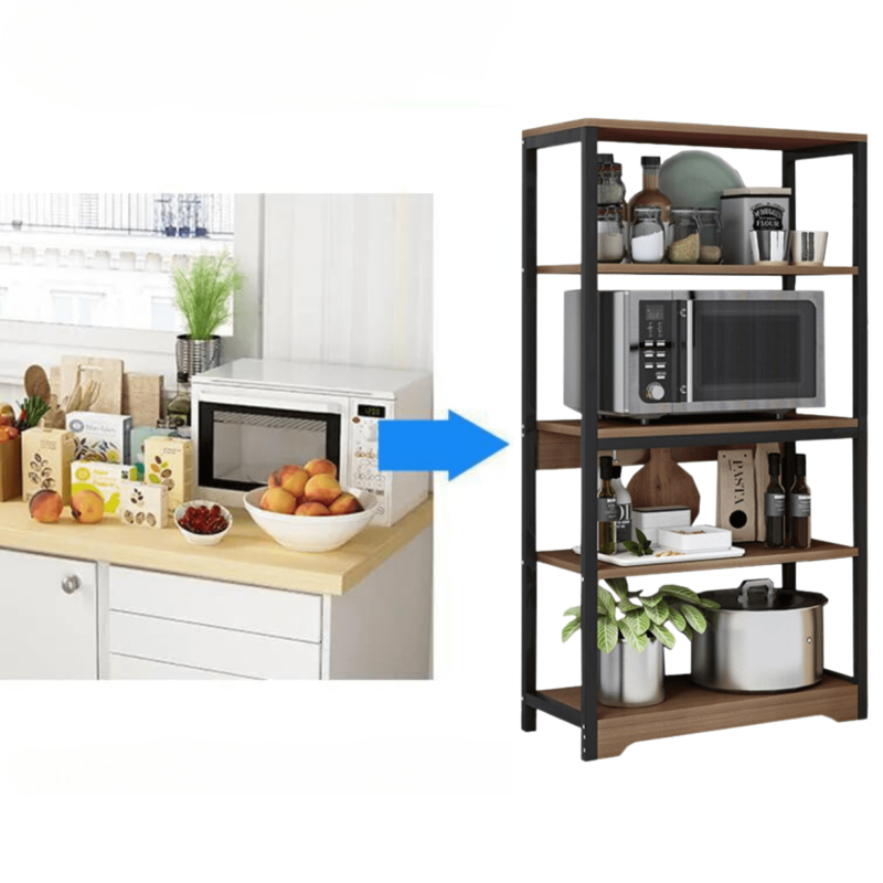 Estantería de Cocina Con Marco de Metal Negro, Estante Industrial para microondas 60x30x126 Cm Color Madera y Negro