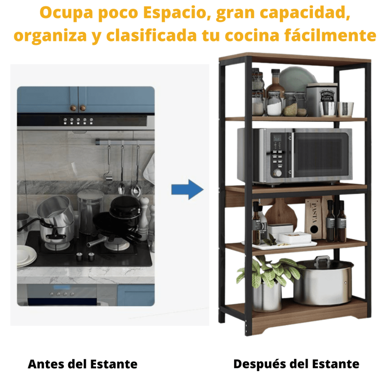 Estantería de Cocina Con Marco de Metal Negro, Estante Industrial para microondas 60x30x126 Cm Color Madera y Negro