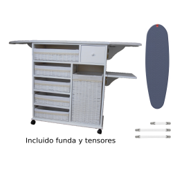 Mueble de plancha Estoril blanco 5 bandejas y cesto grande para ropa + funda y tensores