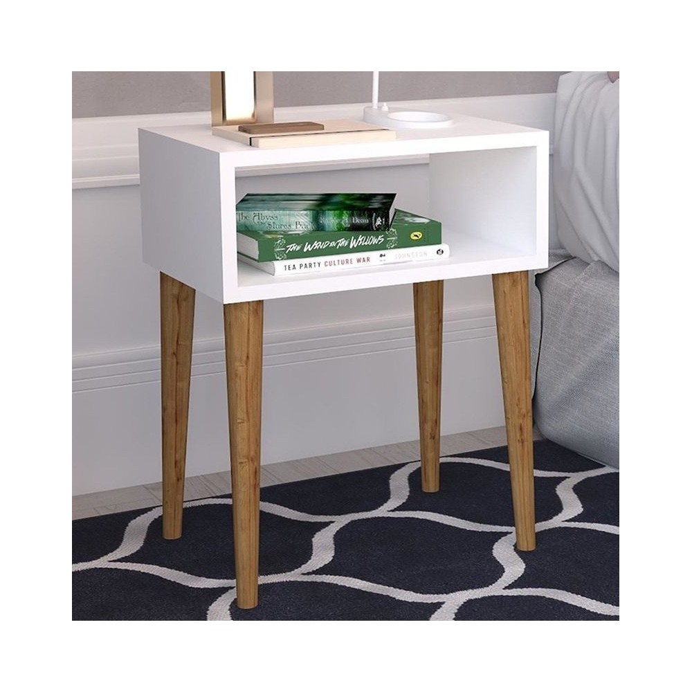 Mesita de Noche Blanca con Cajón y Patas de Madera - ¡Tamaño Ideal!