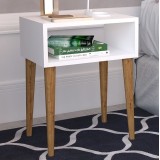 Mesita de Noche Blanca con Cajón y Patas de Madera - ¡Tamaño Ideal!