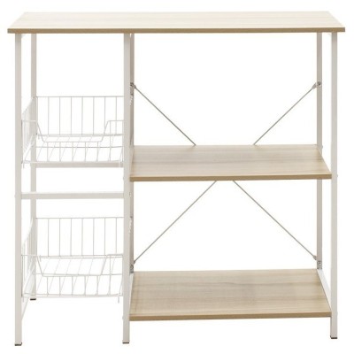 Estanteria de Cocina con 2 Cestas de Malla Metálica Blanca, 3 Estantes y Ganchos 80x34x75cm Color Madera y Blanco