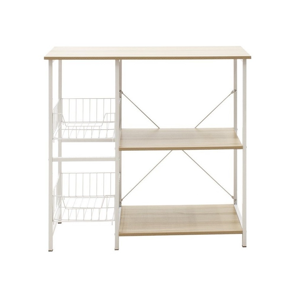 Estanteria de Cocina con 2 Cestas de Malla Metálica Blanca, 3 Estantes y Ganchos 80x34x75cm Color Madera y Blanco
