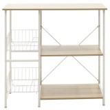 Estanteria de Cocina con 2 Cestas de Malla Metálica Blanca, 3 Estantes y Ganchos 80x34x75cm Color Madera y Blanco