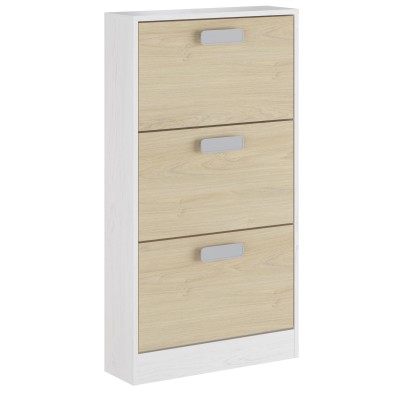 Zapatero 3 Puertas, Zapatero Estrecho, Acabado en Color Blanco y Roble, Medidas: 108 cm x 60 cm x 17 cm