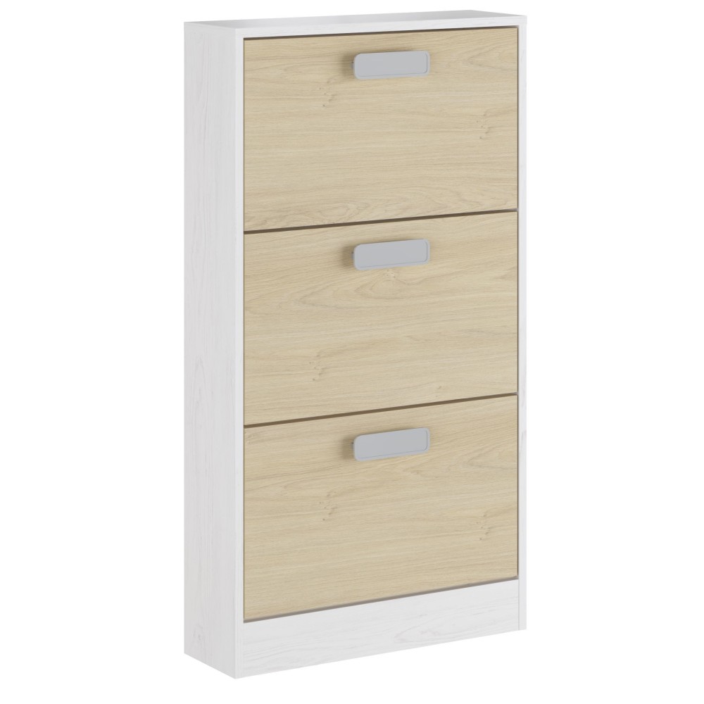 Zapatero 3 Puertas, Zapatero Estrecho, Acabado en Color Blanco y Roble, Medidas: 108 cm x 60 cm x 17 cm