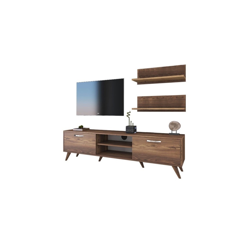 Mueble TV Completo en Melamina Color Nogal, 180x35x48.5 cm, con 2 Estantes