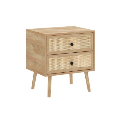 Mesita de Noche de Tablero Aglomerado y Ratán, 50x39x55 cm, 2 Cajones, Estilo Natural