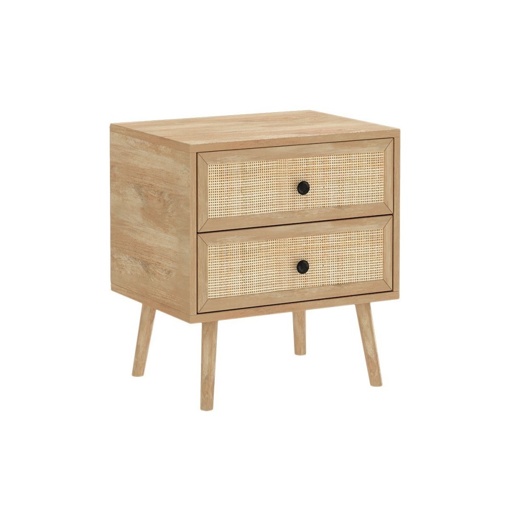 Mesita de Noche de Tablero Aglomerado y Ratán, 50x39x55 cm, 2 Cajones, Estilo Natural