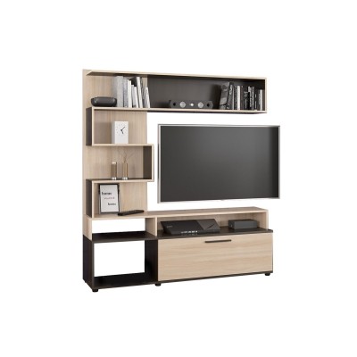 Mueble TV de Madera Color Wengué y Natural con Estantes y Puertas, 151.5x37.5x169.5 cm – Mueble salón moderno.