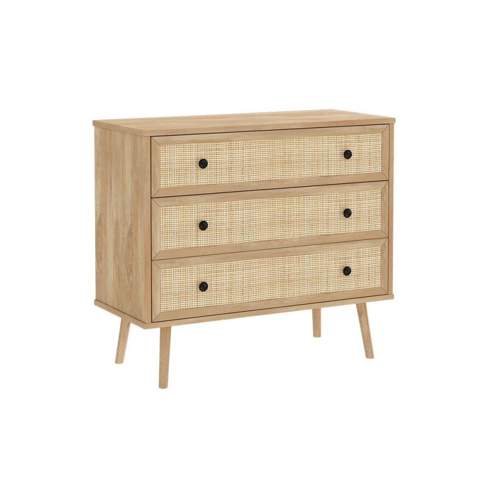 Cómoda de 3 Cajones con Patas de Madera - Color Natural - 90x39x79 cm - Mueble de Almacenamiento para Dormitorio