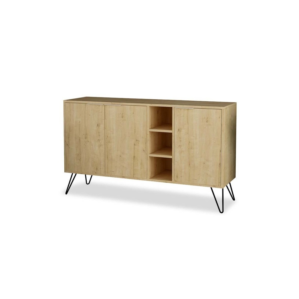 Buffet en Roble Claro 3 puertas con Patas de Metal, 142x35.5x83 cm.