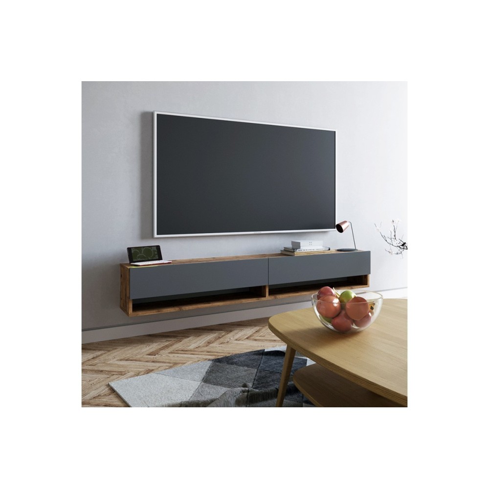 Mueble de TV de Pared Moderno Antracita-Roble - 180x31,5x29,5 cm - 2 Cajones y Estantes.