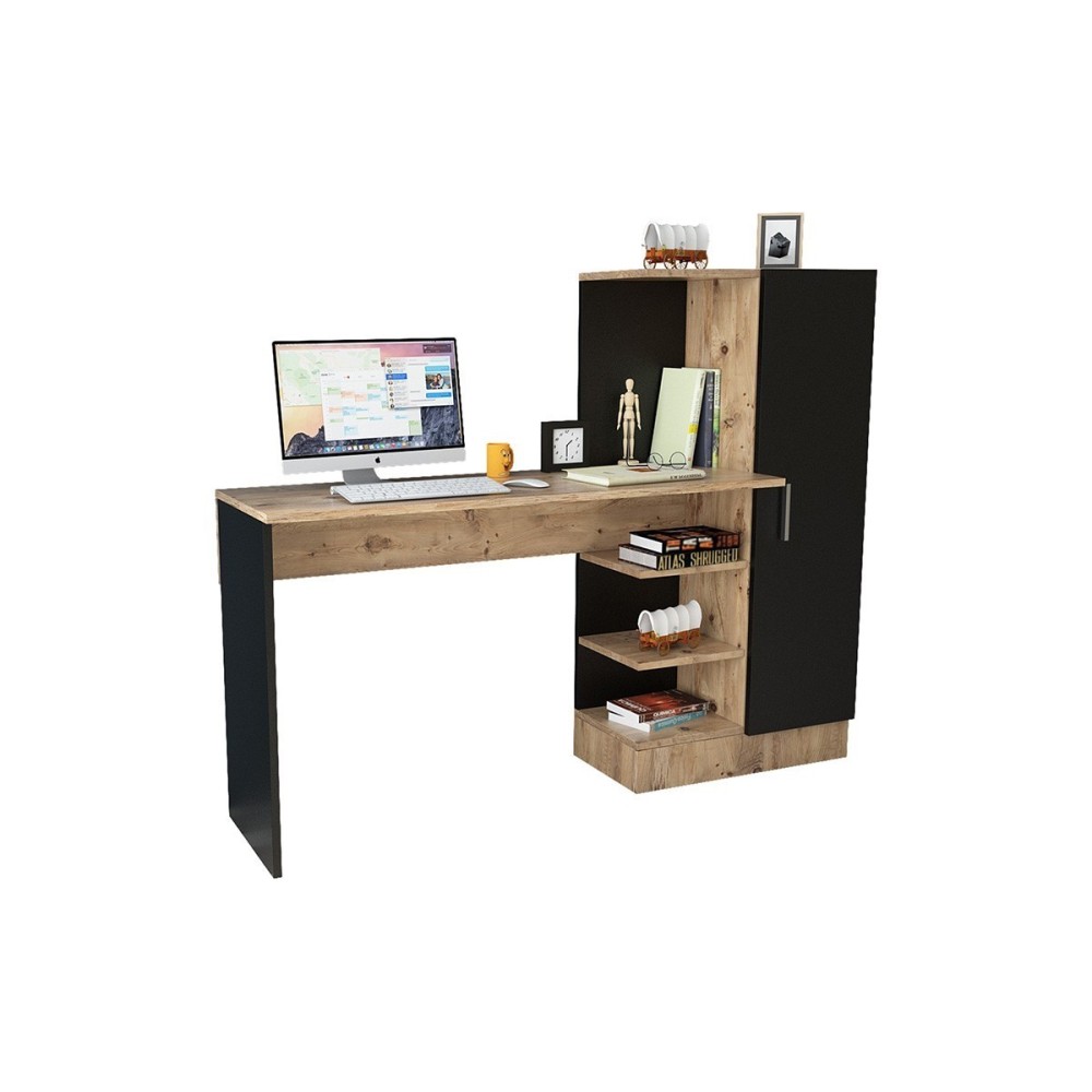 Escritorio con Estantes y Estantería, Color Negro-Roble, 152.5x40x120cm