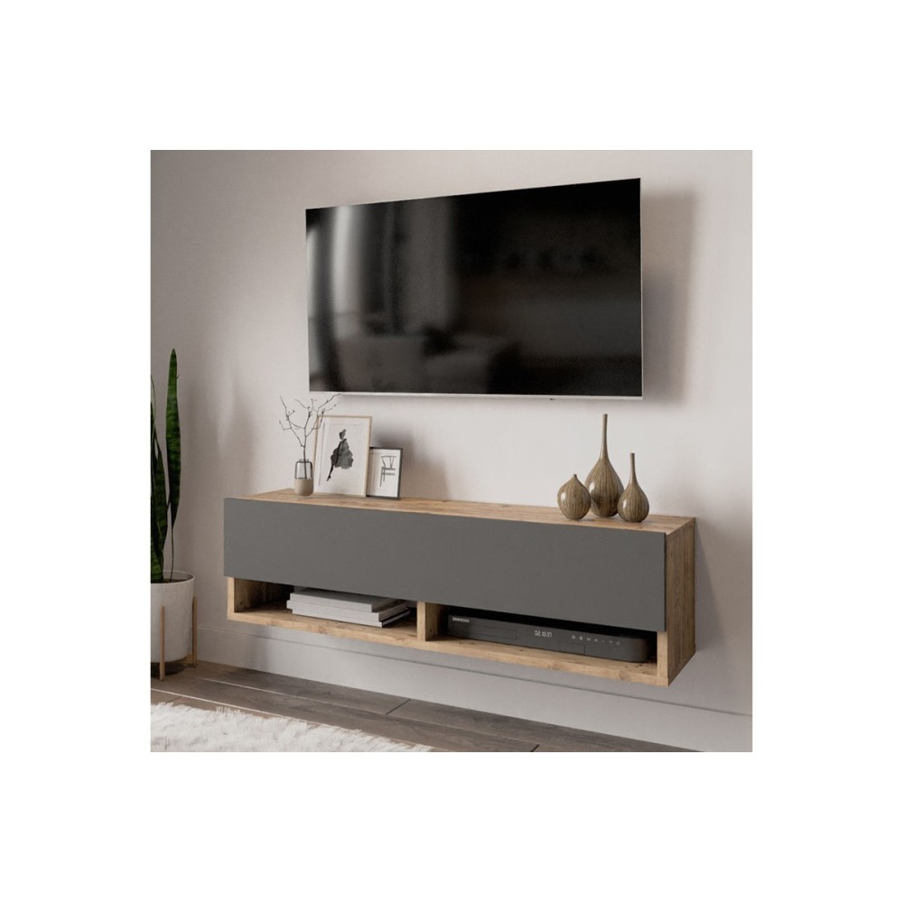 Mueble TV Moderno con 1 Puerta y Estantes en Melamina Color Antracita y Cambria - 100x31.5x29.6cm