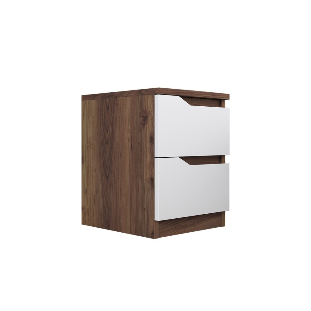 Mesilla de Noche en Nogal y Blanco, 35x40x47 cm, con 2 Cajones