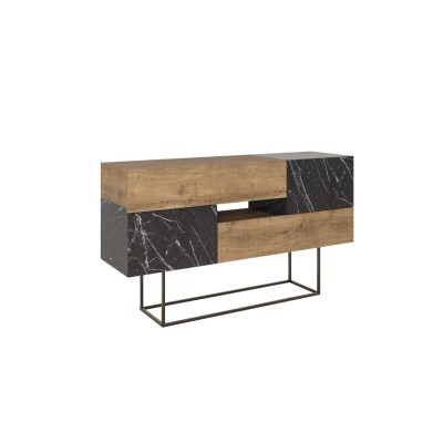 Buffet Moderno con Acabado en Mármol Negro y Madera, 145x40x82 cm, Patas Metálicas