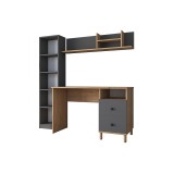 Mesa de Trabajo con Estantería y 2 Cajones, Color Antracita-Natural, 160x50x161.8 cm.