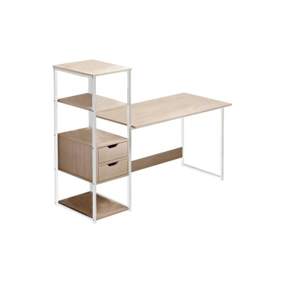 Escritorio con Estantes y 2 Cajones - MDF Natural y Blanco - 107x40x110 cm - Escritorio Multifuncional para Oficina y Hogar