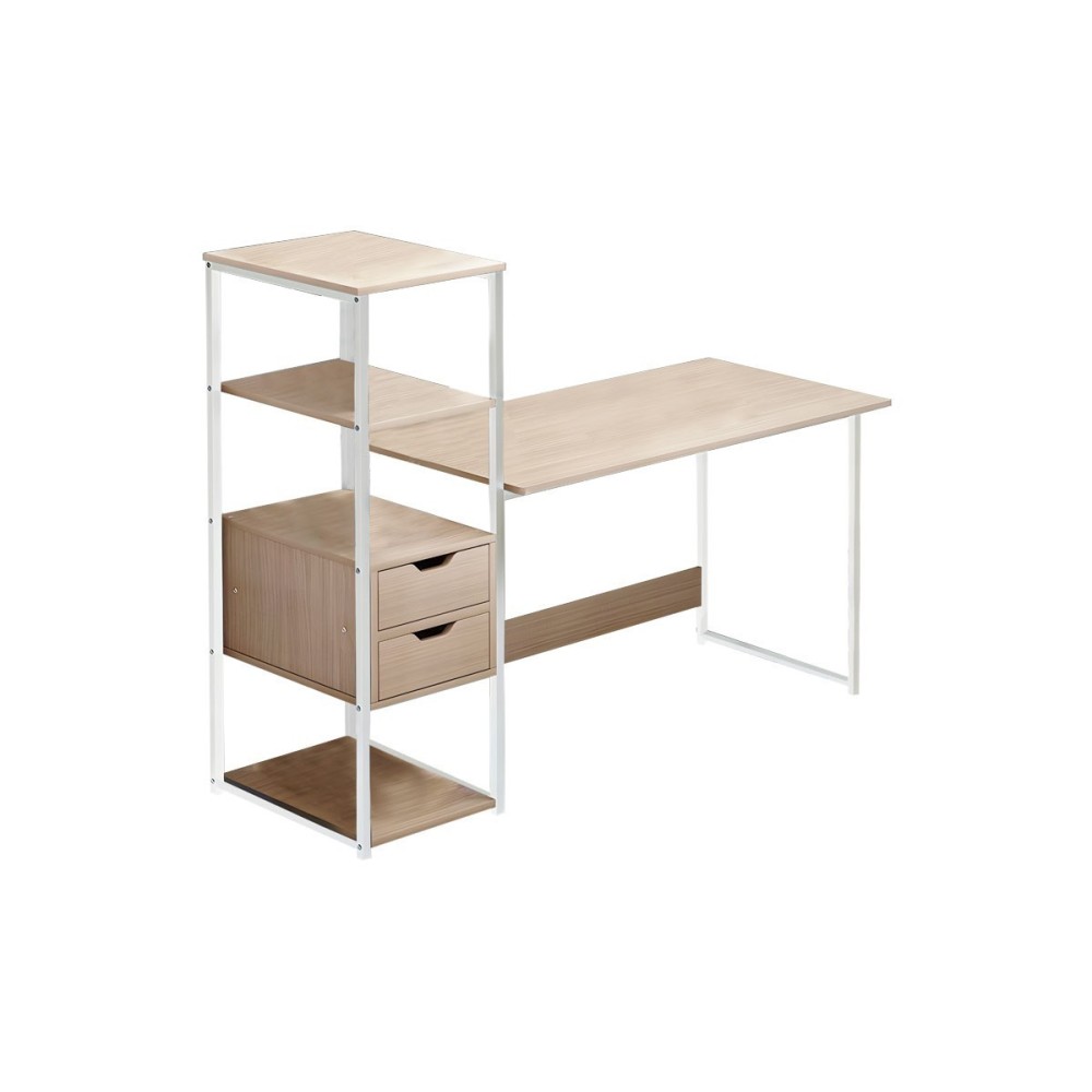 Escritorio con Estantes y 2 Cajones - MDF Natural y Blanco - 107x40x110 cm - Escritorio Multifuncional para Oficina y Hogar