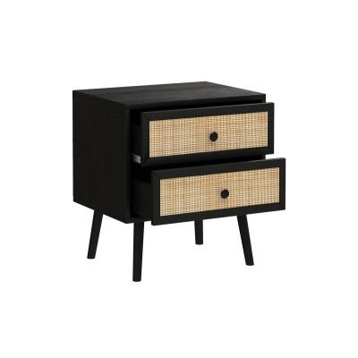 Mesita de Noche de Tablero Aglomerado y Ratán Color Negro, 50x39x55 cm, 2 Cajones, Estilo Natural