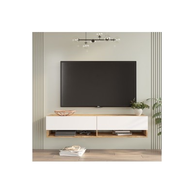 Mueble TV de Pared Color Blanco-Roble 140x31.6x29.6 cm - 2 Puertas - Estilo Moderno y Funcional.