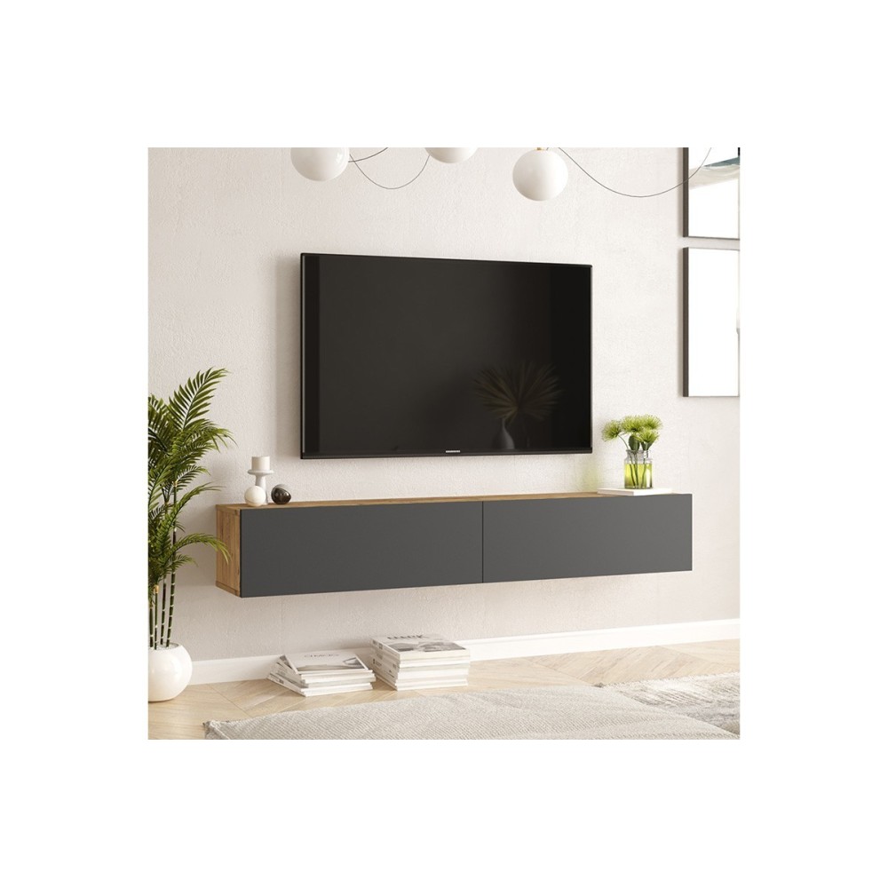 Mueble de TV de Pared moderno Antracita y Roble con 2 Cajones - 180x31.6x29.6 cm.