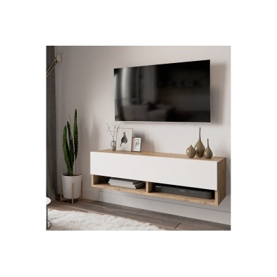 Mueble TV Moderno con 1 Puerta y Estantes en Melamina Color Cambria y Blanco - 100x31.5x29.6cm