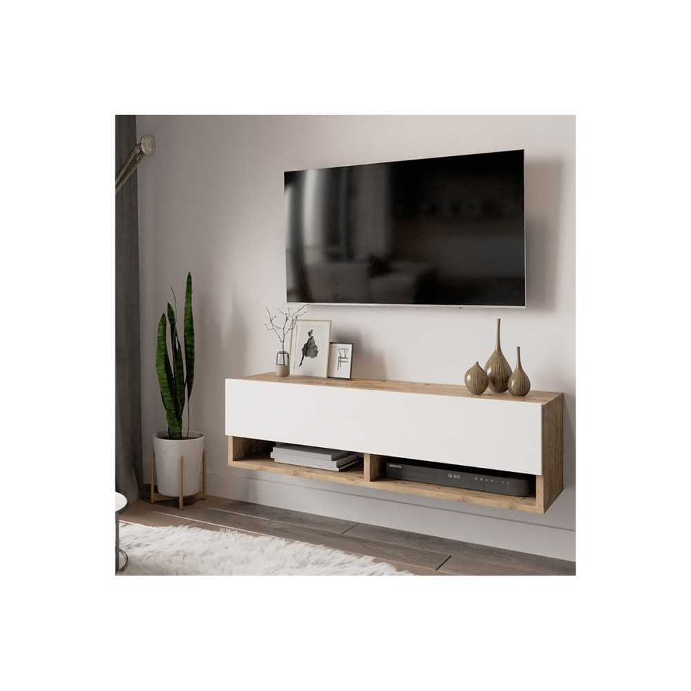 Mueble TV Moderno con 1 Puerta y Estantes en Melamina Color Cambria y Blanco - 100x31.5x29.6cm