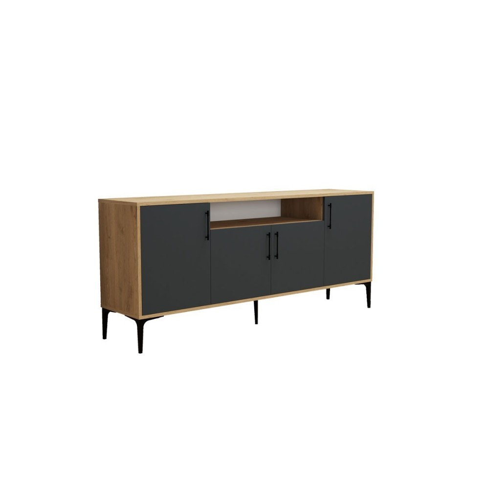 Buffet de Melamina Natural-Gris Oscuro-Negro - 180x40,5x78cm - Elegante Almacenamiento para Comedor