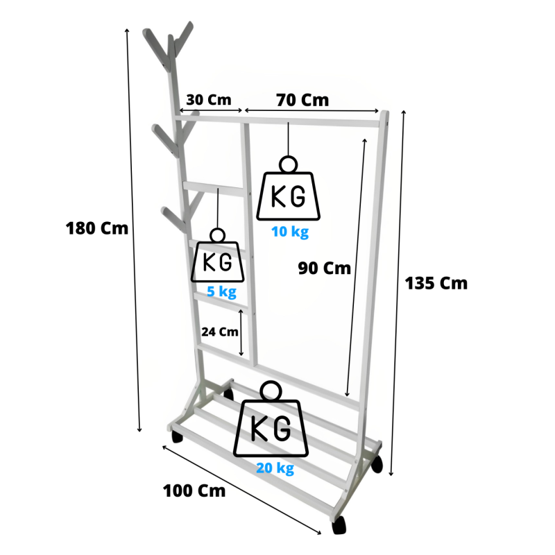 Perchero colgador multiusos con ruedas,  portatil, madera maciza color blanco
