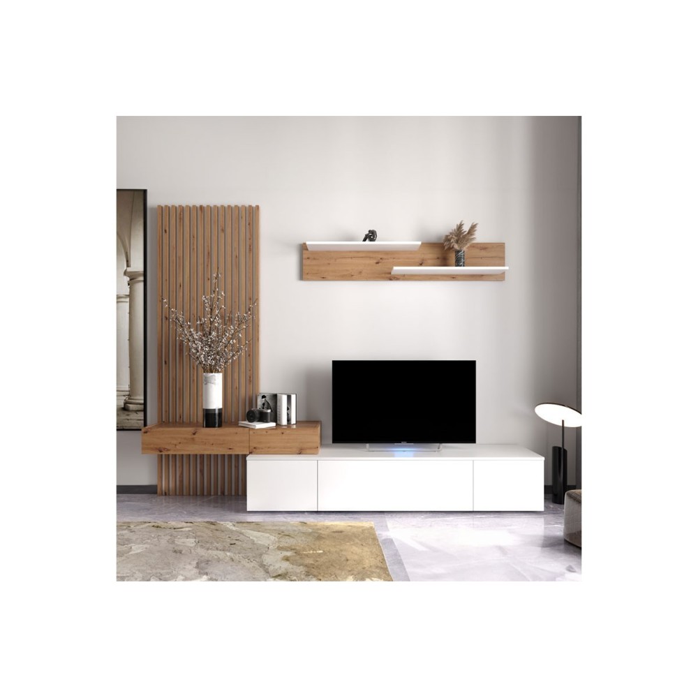Mueble tv completo en Blanco-Cambria, Fabricado en Melamina, 249,5x42x199,5cm - Moderno y Funcional.