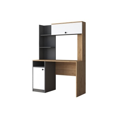 Escritorio-Librería de Melamina, Gris Oscuro-Blanco-Natural, 117x46x160 cm, Mueble Versátil para Oficina o Estudio.