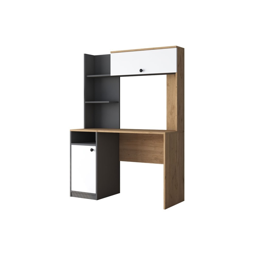 Escritorio-Librería de Melamina, Gris Oscuro-Blanco-Natural, 117x46x160 cm, Mueble Versátil para Oficina o Estudio.