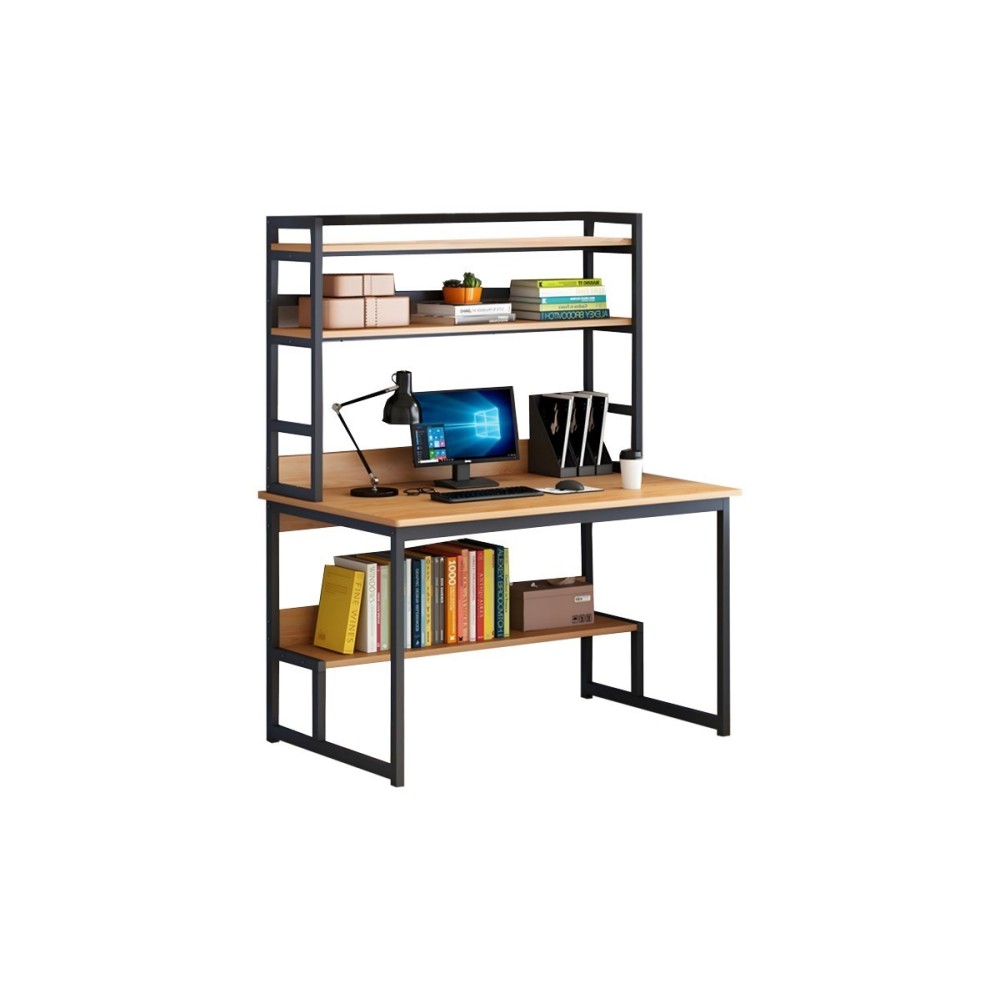 Mesa de Ordenador de Metal Negro y MDF Natural - Escritorio con Múltiples Estantes Espaciosos - 100x60x154 cm