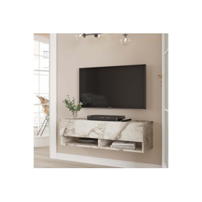 Mueble TV Moderno con 1 Puerta y Estantes en Melamina Color Mármol Marfil - 100x31.5x29.6cm