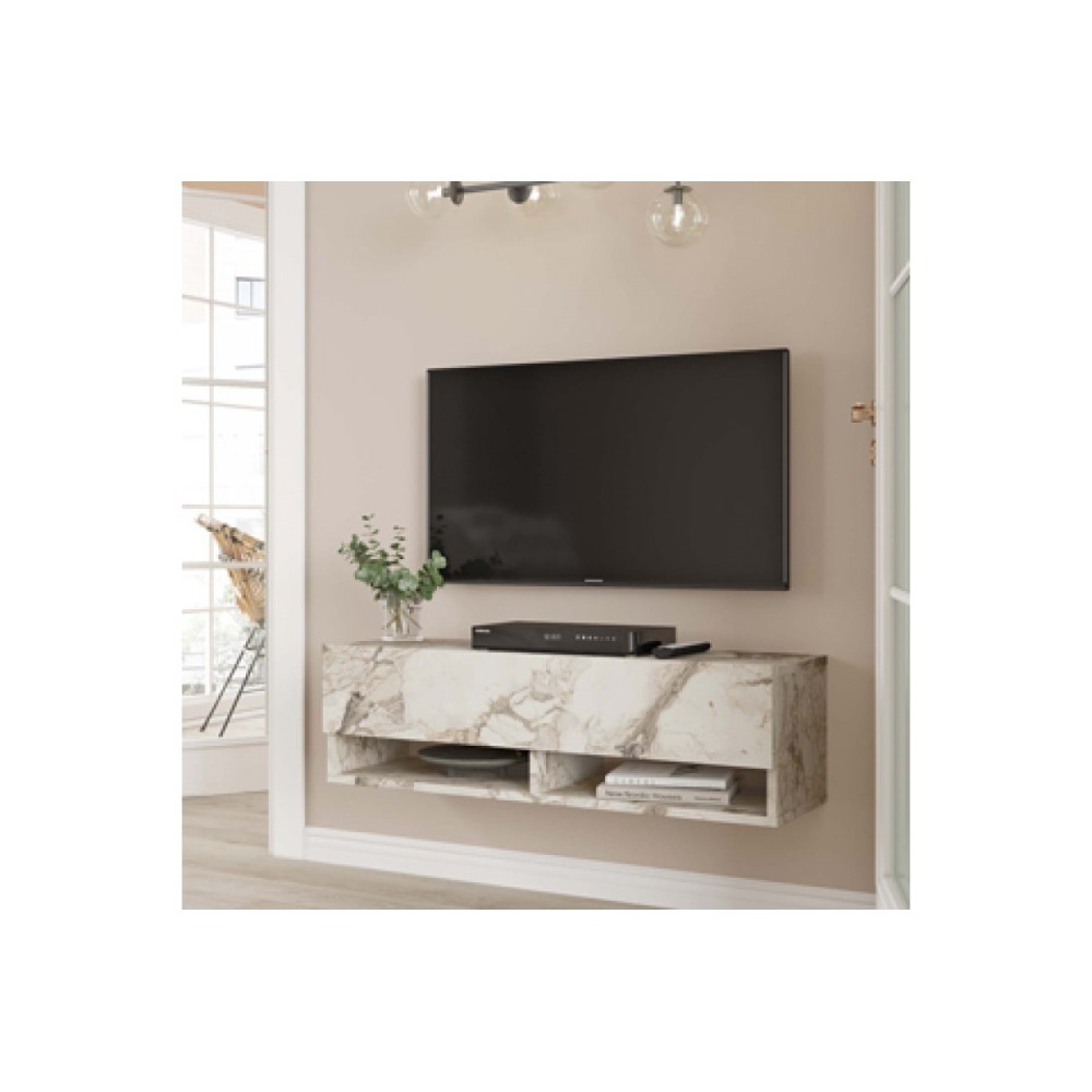Mueble TV Moderno con 1 Puerta y Estantes en Melamina Color Mármol Marfil - 100x31.5x29.6cm