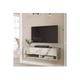 Mueble TV Moderno con 1 Puerta y Estantes en Melamina Color Mármol Marfil - 100x31.5x29.6cm
