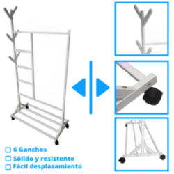 Perchero colgador multiusos con ruedas,  portatil, madera maciza color blanco