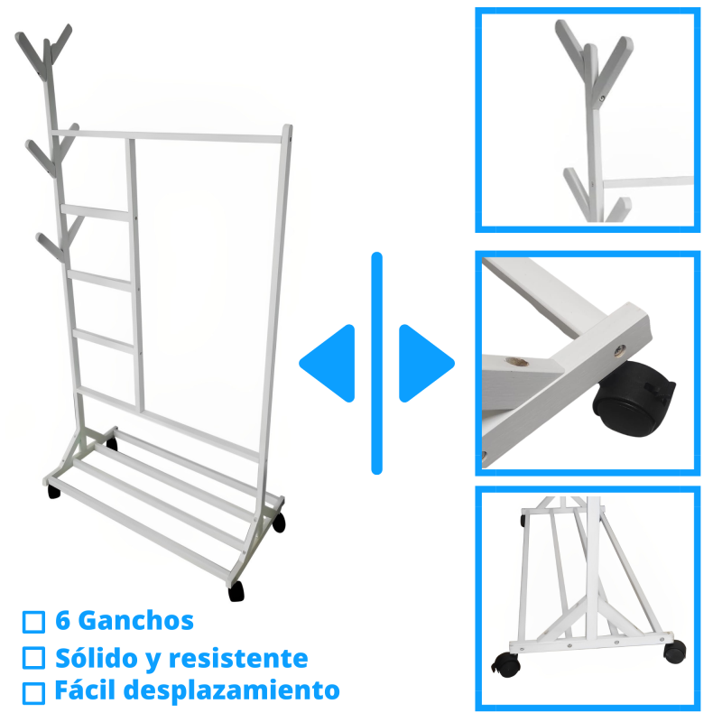 Perchero colgador multiusos con ruedas,  portatil, madera maciza color blanco