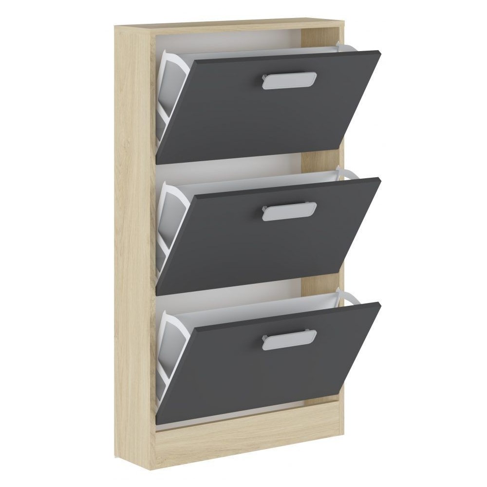 Zapatero 3 Puertas, Zapatero Estrecho, Acabado en Color Roble y Grafito, Medidas: 108 cm (Alto) x 60 cm (Ancho) x 17 cm (Fondo)