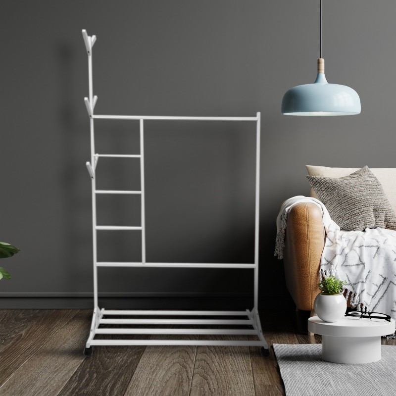 Perchero colgador multiusos con ruedas,  portatil, madera maciza color blanco