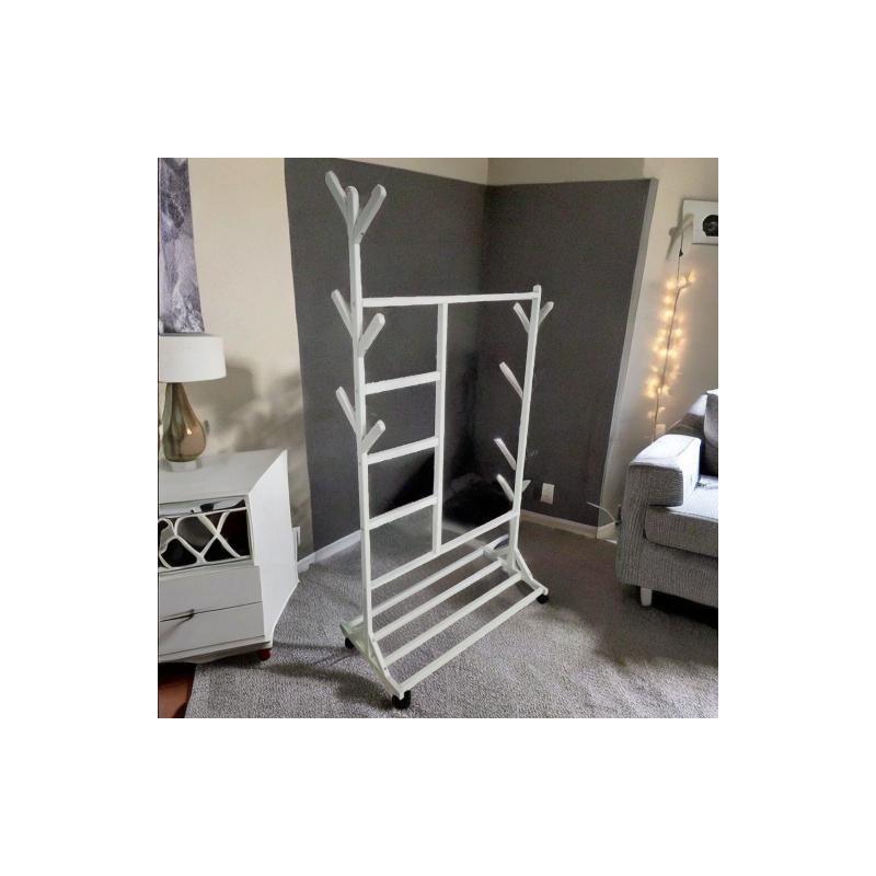 Perchero colgador multiusos con ruedas,  portatil, madera maciza color blanco