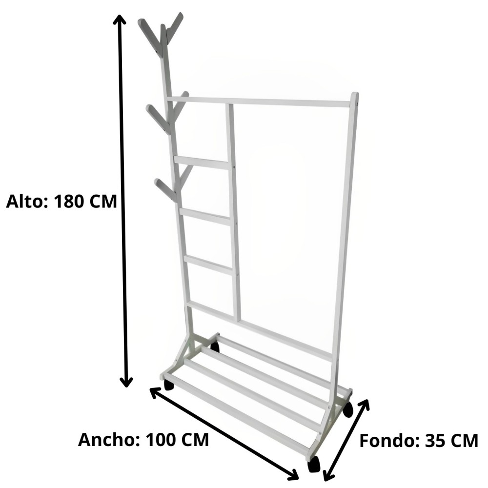 Perchero colgador multiusos con ruedas,  portatil, madera maciza color blanco