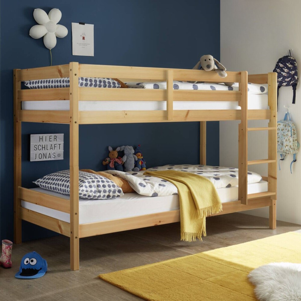 Litera Juvenil Convertible en Dos Camas Individuales, Madera Maciza de Pino, Escalera Reversible, Color Natural , 97x207x140 cm