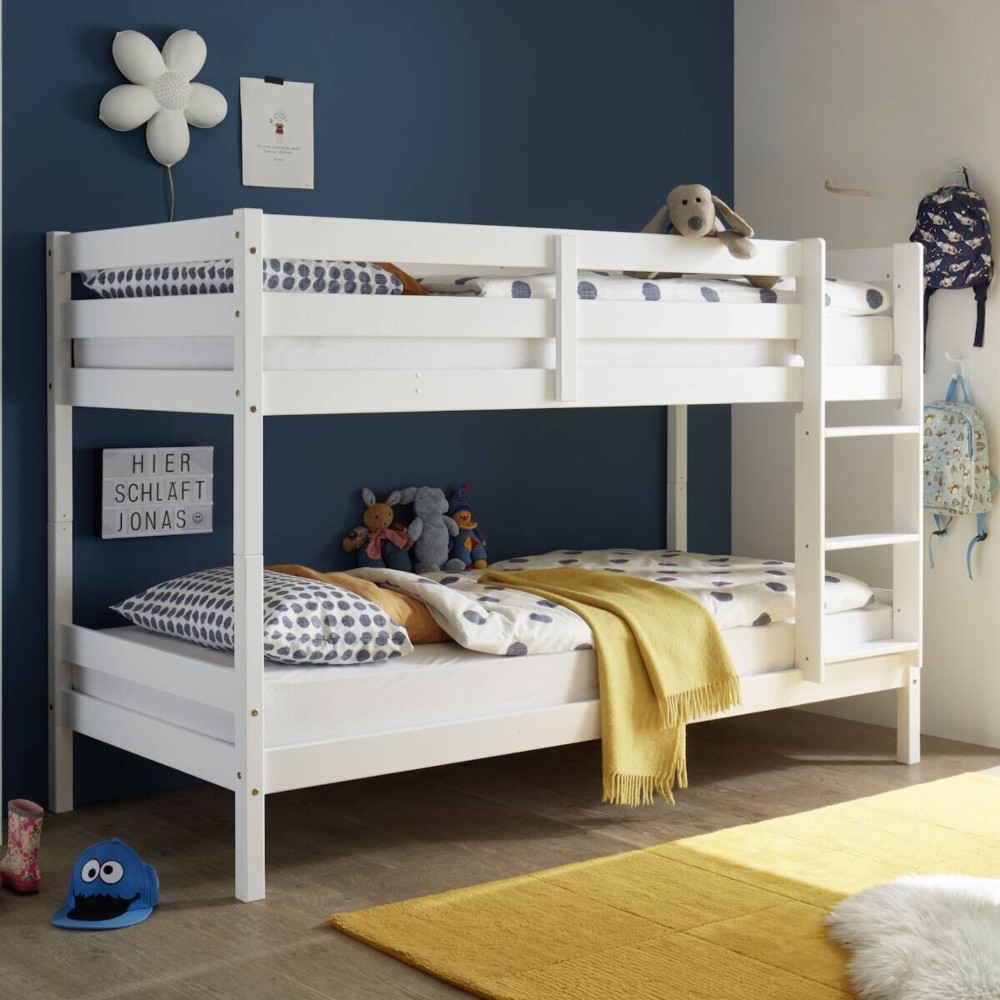 Litera Juvenil Convertible en Dos Camas Individuales, Madera Maciza de Pino, Escalera Reversible, Color Blanco, 97x207x140 cm