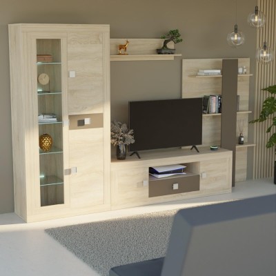 Mueble de Salón Moderno con Leds, Acabado en Cambria y Choco, Medidas: 300 cm (An) x 200 cm (Al) 40 cm (Fon) - Meyvaser