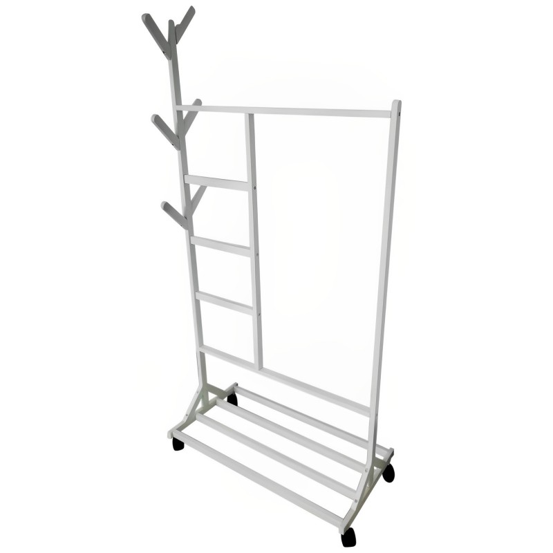 Perchero colgador multiusos con ruedas,  portatil, madera maciza color blanco