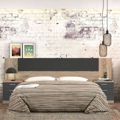 Cabezal + Dos Mesitas de Noche, Acabado en Cambrian y Grafito, Medidas: 247 cm (An) x 50 cm (Al) x 35 cm (Fon) - Meyvaser