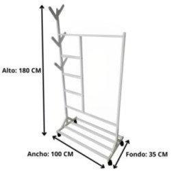 Perchero colgador multiusos con ruedas,  portatil, madera maciza color blanco